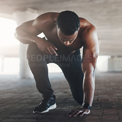 Buy stock photo Exercise, parking lot and man with fitness, workout and training on concrete with power. Health, wellness and outdoor with lens flare of an athlete with break and sweating in lunge on the ground