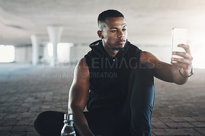 Buy stock photo African man, selfie and fitness in city on break with health, training or exercise for vlog on social media. Person, runner and influencer with profile picture, photography or live stream in New York
