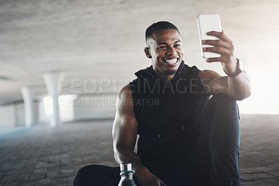 Buy stock photo African man, selfie and workout in city on break with smile, training or exercise for vlog on social media. Person, runner and influencer with profile picture, photography or live stream in New York