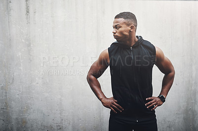 Buy stock photo Black man, exercise and wall background with fitness muscle or mockup space, strong or performance. Male person, thinking and health training for running marathon in city street, athlete or cardio