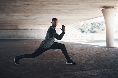 Buy stock photo Black man, portrait and stretching fitness or outdoor exercise in city parking garage, mobility or runner. Male person, sportswear and healthy workout or sports strength or muscle, legs or cardio