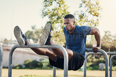 Buy stock photo Black man, dips and exercise outdoor in park or calisthenics workout for arm strength, wellness or gym. Male person, training and core fitness as muscle challenge with sports, equipment or athlete