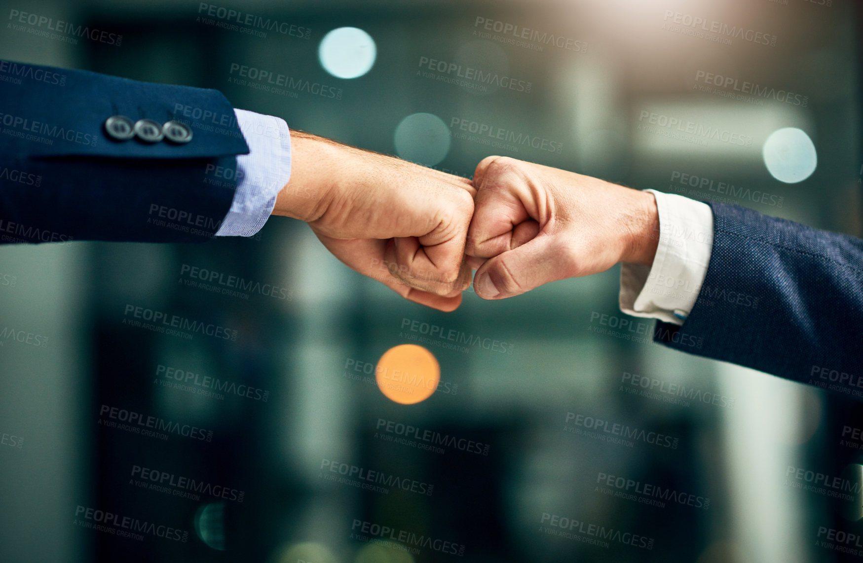 Buy stock photo Partnership, teamwork and unity by hands fist bumping in support of a mission or goal. Business partners collaborating on a vision, community planning a strategy to support and succeed together