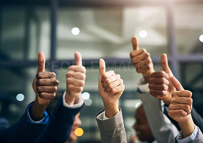 Buy stock photo Hands showing thumbs up with business men endorsing, giving approval or saying thank you as a team in the office. Closeup of corporate professionals hand gesturing in the positive or affirmative