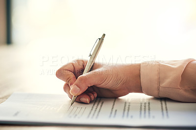 Buy stock photo Contract, document and paper work closeup of businesswoman signing, writing or filling out personal information, insurance or job form. Professional reading recruitment paperwork at a hiring company