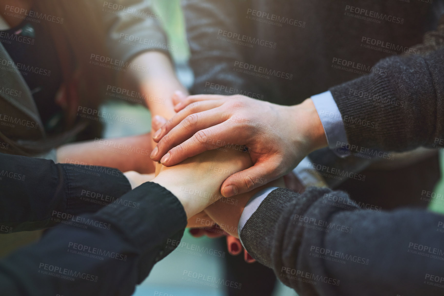 Buy stock photo Office, business people and hands with huddle for solidarity, achievement and teamwork for celebration. Closeup, collaboration and employees with stack for corporate success, support and cooperation