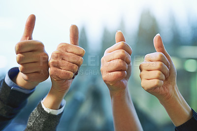 Buy stock photo Cropped shot of a group of unrecognizable businesspeople showing thumbs up in an office