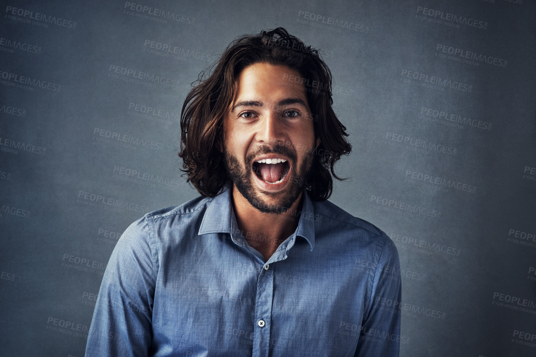 Buy stock photo Man, portrait or excited in studio for happy deal or notification, crazy at university. Male teacher, gray background or announcement for discount with school or education, smile for enrollment