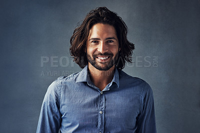 Buy stock photo Business man, long hair and smile in studio portrait with confidence, pride and formal shirt by background. Person, model and happy for clothes, fashion and trendy style for career in Barcelona