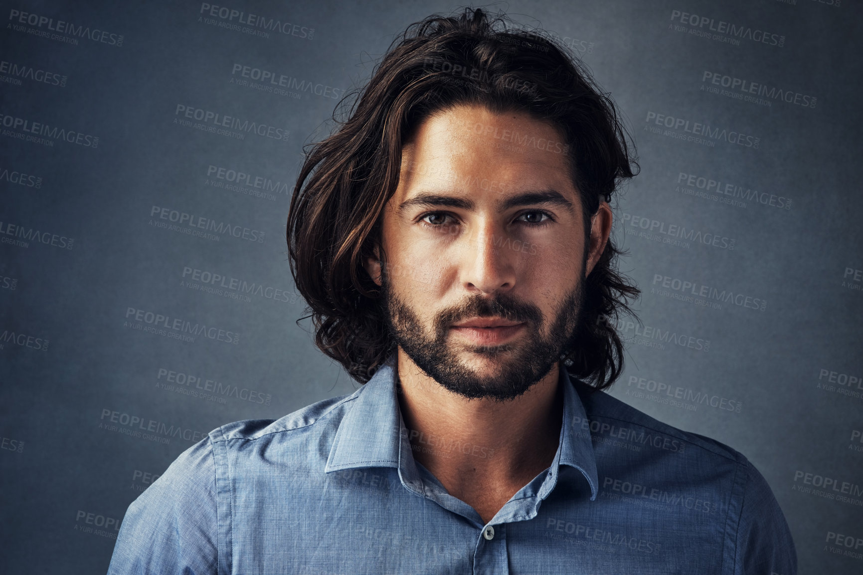 Buy stock photo Beard, long hair and portrait of business man with confidence on gray studio background. Face, businessman and model with professional style of entrepreneur, manager or formal corporate worker
