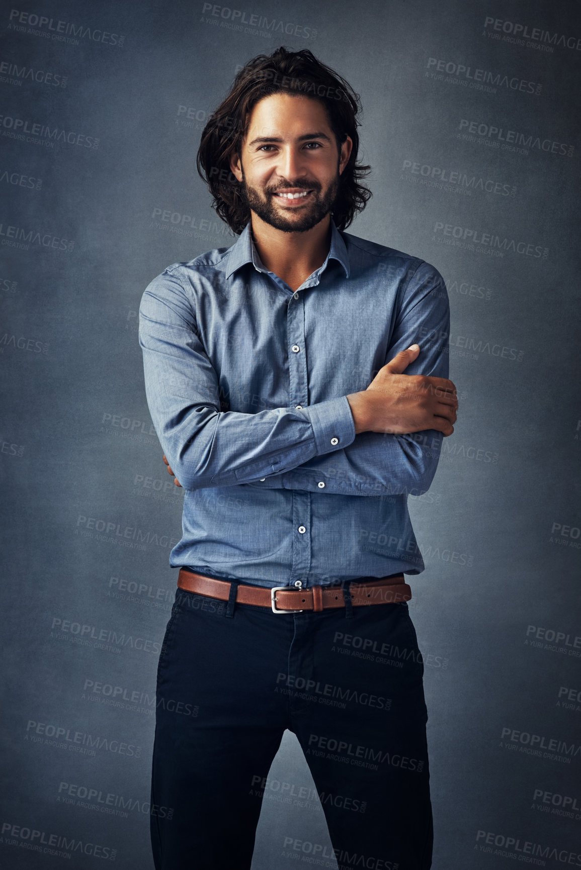 Buy stock photo Happy, business man and portrait with arms crossed and confidence from corporate consultant job. Entrepreneur, professional and work style, fashion and outfit for career with grey background