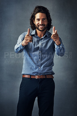 Buy stock photo Business, man and  portrait with finger point for recruitment choice, opportunity and announcement in studio. Smile, male person and hand gesture for interview success, promotion and grey background