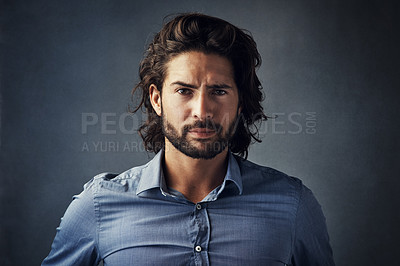 Buy stock photo Portrait, business and angry man or boss frustrated with employee, mistake or person with beard on gray studio background. Face, businessman or model, frown and mad professional corporate worker
