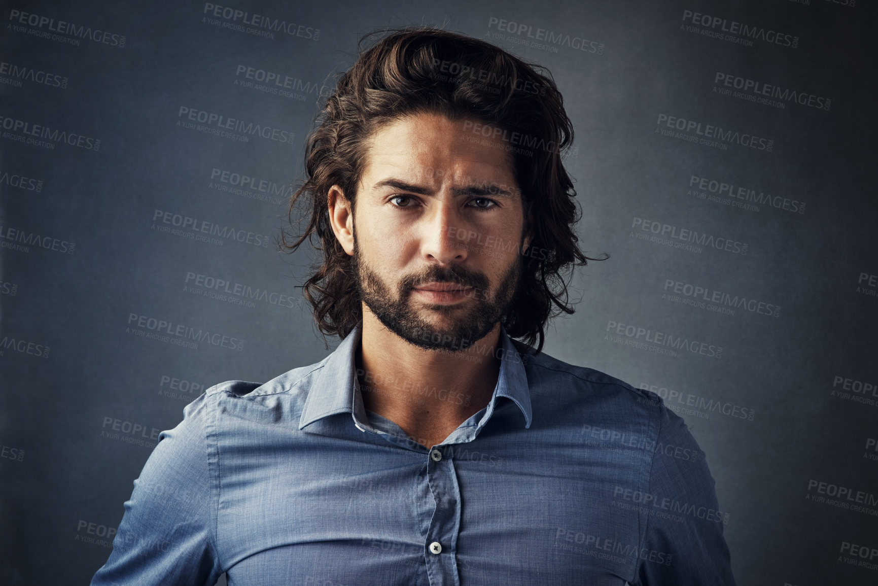 Buy stock photo Portrait, business and angry man or boss frustrated with employee, mistake or person with beard on gray studio background. Face, businessman or model, frown and mad professional corporate worker