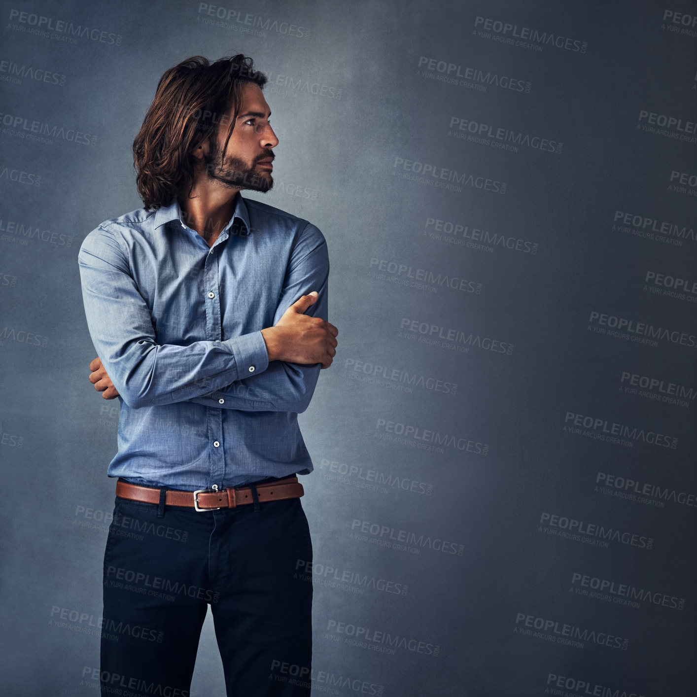 Buy stock photo Thinking, business and man with arms crossed in studio for solution, startup development or ideas on gray background. Mockup, thoughtful and model for problem solving, confidence or consulting plan