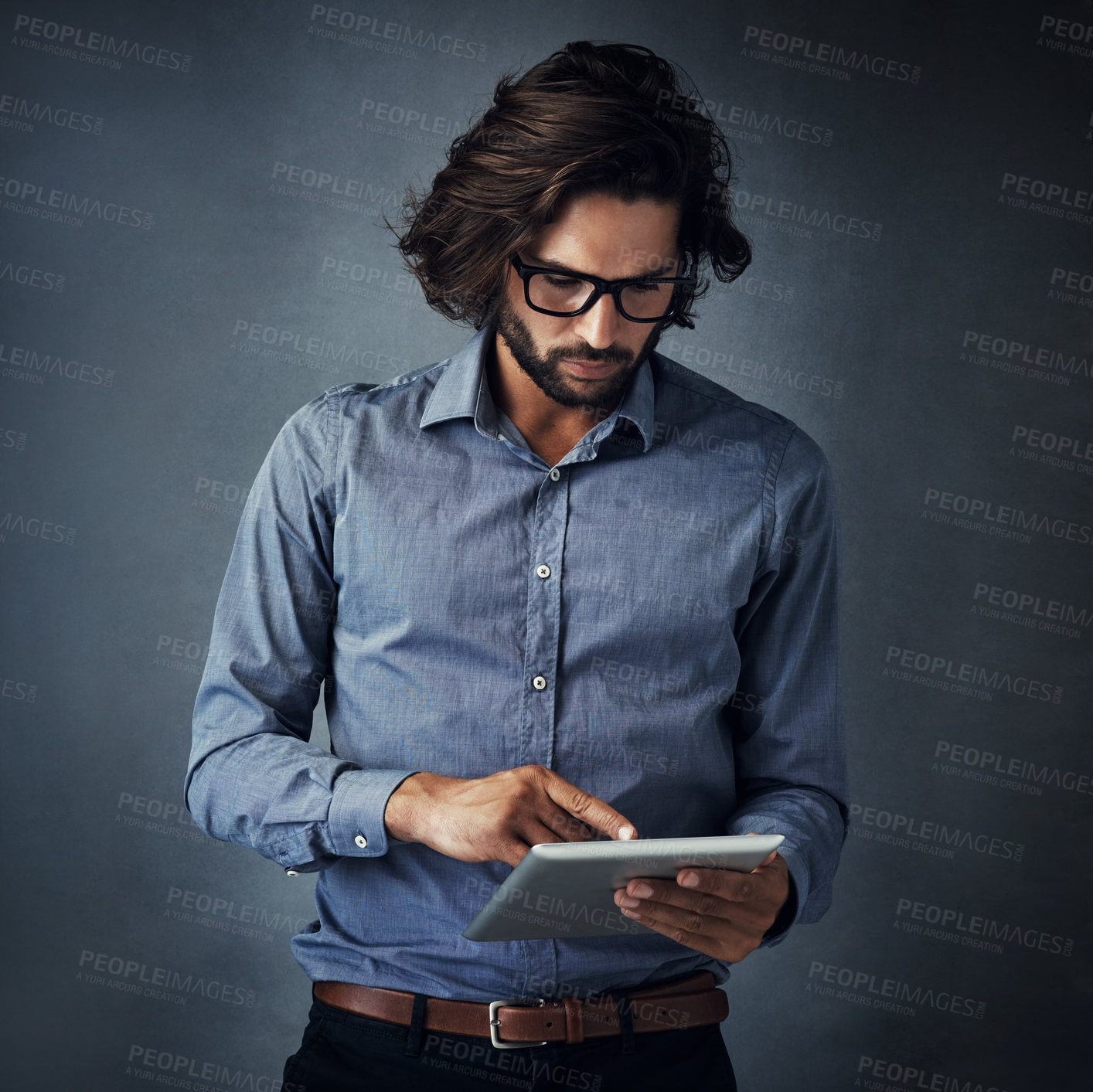 Buy stock photo Studio, businessman and tablet with glasses for reading, review and project research for professional career. Corporate, sales manager and digital for planning, feedback ideas and gray background