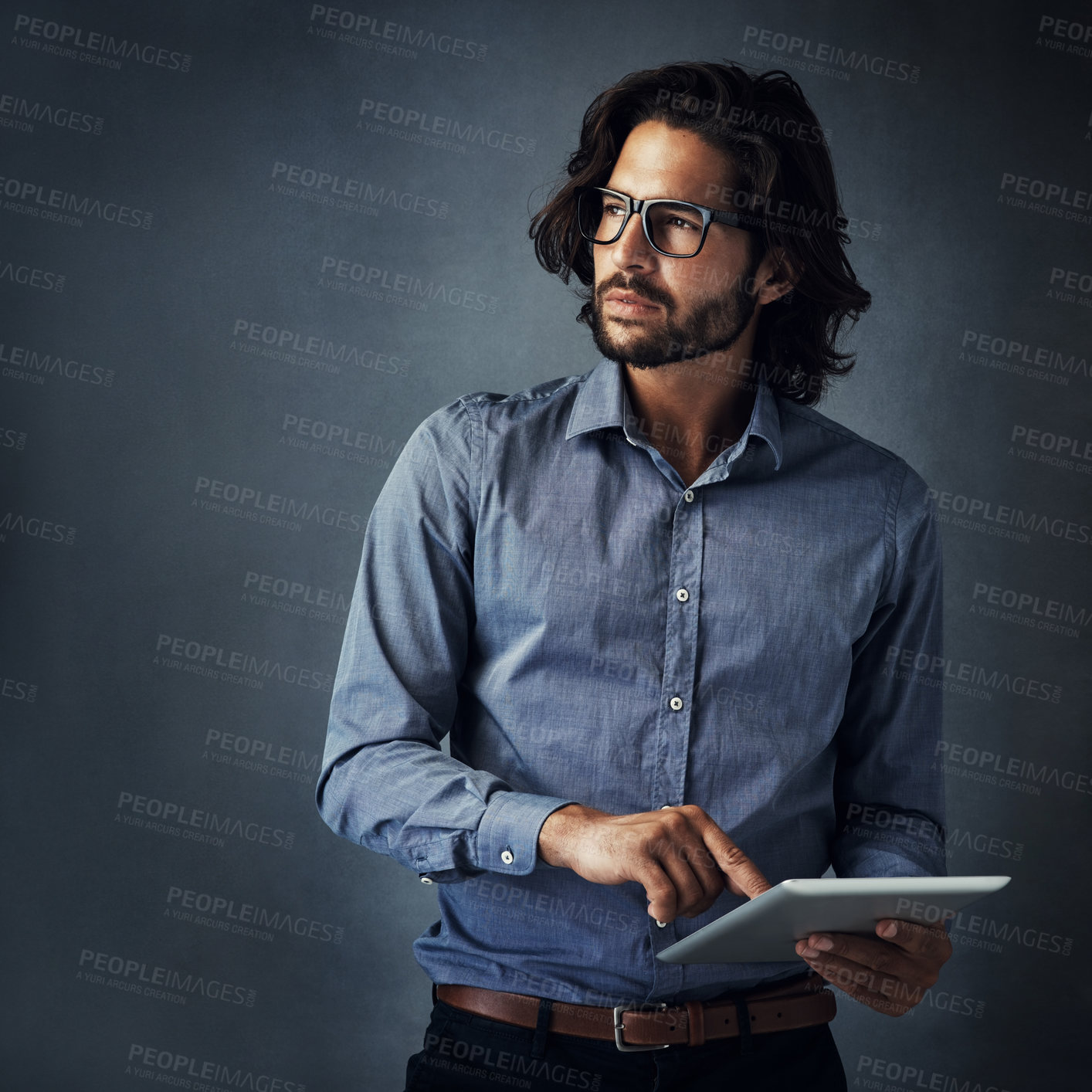 Buy stock photo Studio, businessman and tablet with thinking for research, review and corporate project for professional career. Brainstorm, sales manager and digital for planning, feedback ideas and gray background