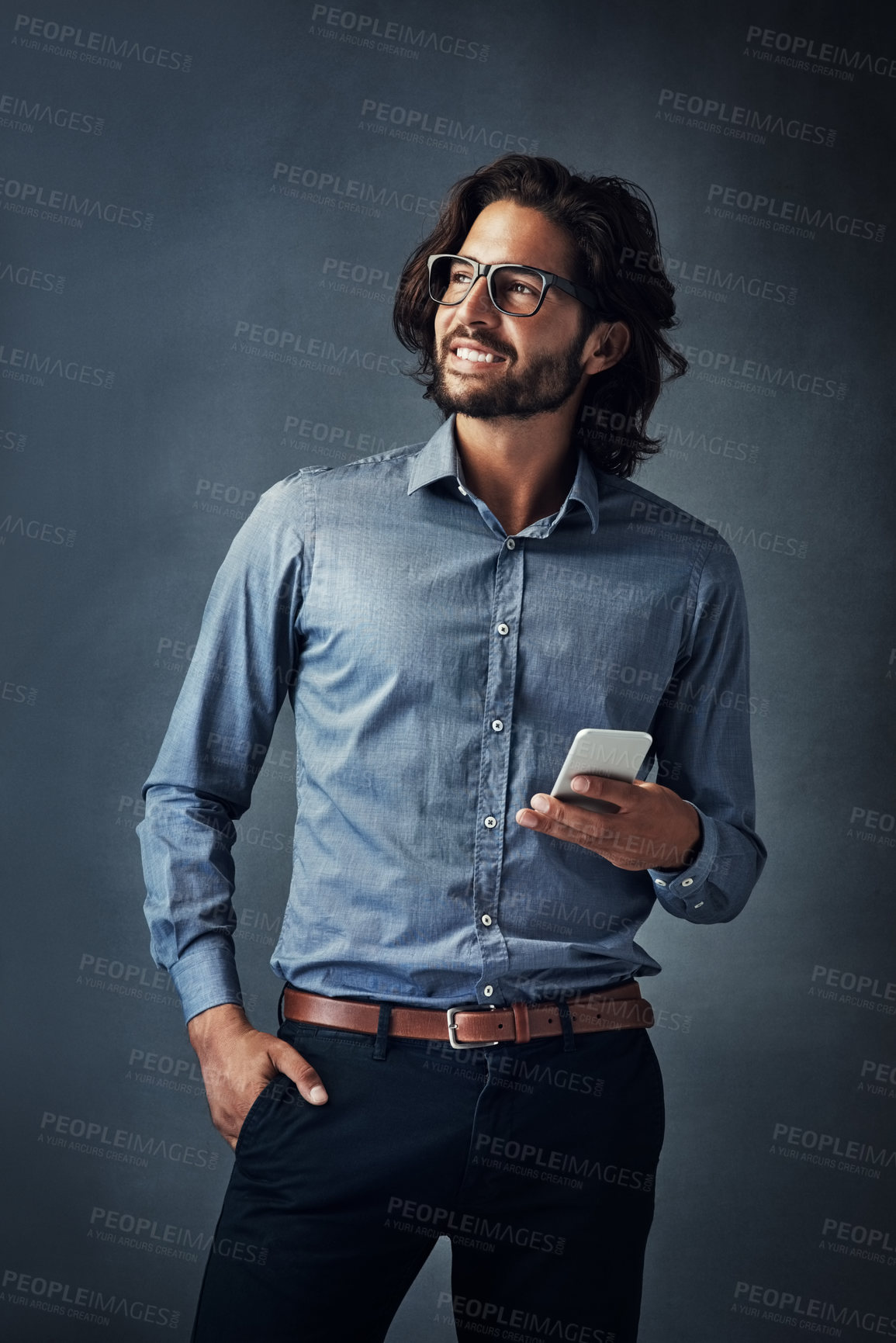 Buy stock photo Studio, business man and thinking with cellphone for chat, text message and online agreement with contact. Salesperson, glasses and reading on mobile app, social network and idea by gray background