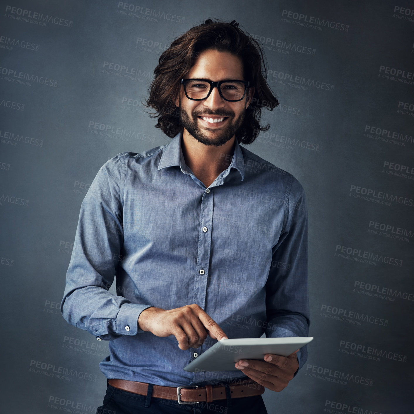 Buy stock photo Studio, businessman and tablet with portrait for research, review and corporate project for professional career. Smile, sales manager and digital for planning, feedback ideas and gray background