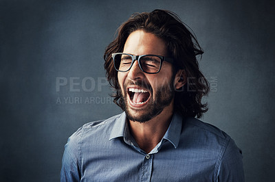 Buy stock photo Scream, business and man in studio for frustration, company problem or bad news on gray background. Shouting, entrepreneur and corporate employee with anger for burnout, deadline or project mistake