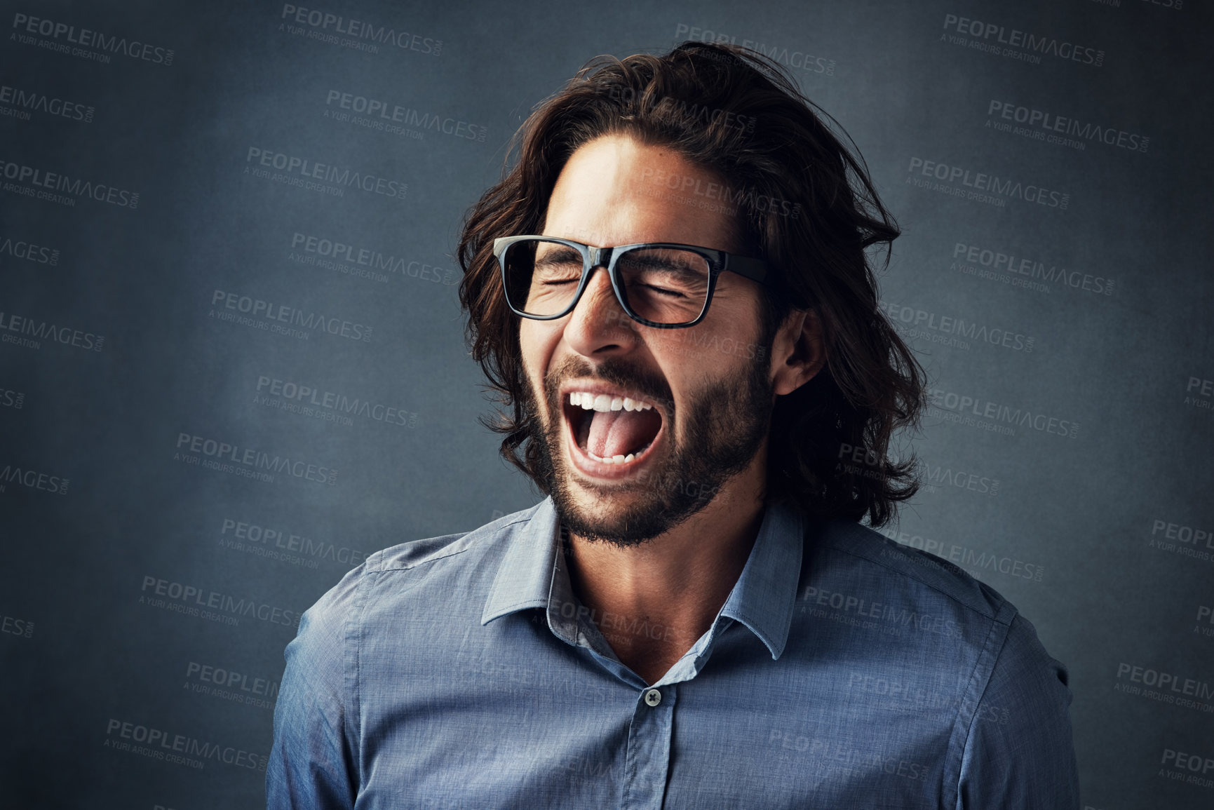 Buy stock photo Scream, business and man in studio for frustration, company problem or bad news on gray background. Shouting, entrepreneur and corporate employee with anger for burnout, deadline or project mistake