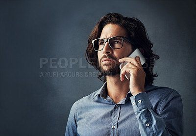 Buy stock photo Decision, phone call and vision with business man in studio on gray background for communication. Future, networking and thinking with professional employee in shirt for choice or problem solving 