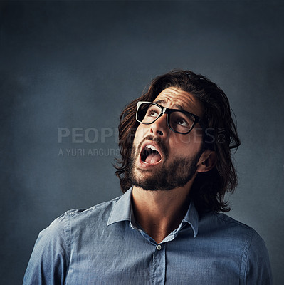 Buy stock photo Shocked, business man and surprised in studio for company announcement, project feedback or promotion. Professional, person or wow emoji for discount deal or review question on gray background mockup