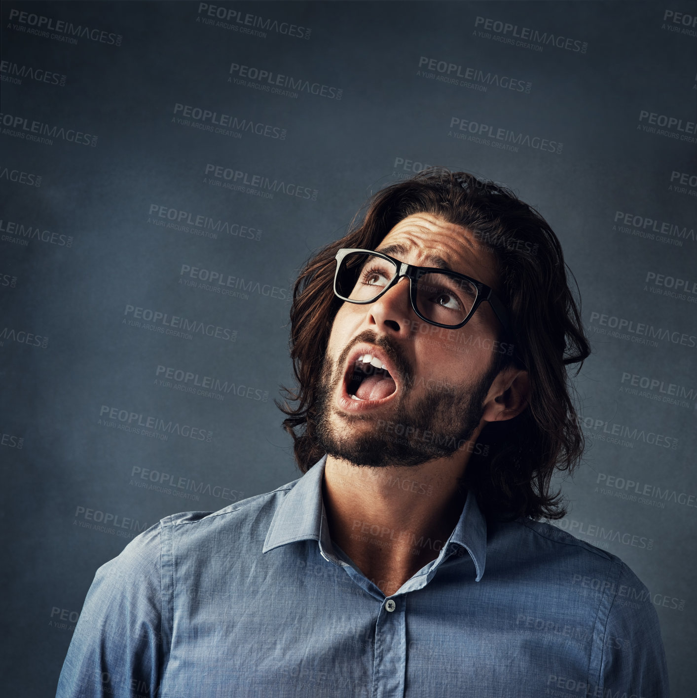 Buy stock photo Shocked, business man and surprised in studio for company announcement, project feedback or promotion. Professional, person or wow emoji for discount deal or review question on gray background mockup