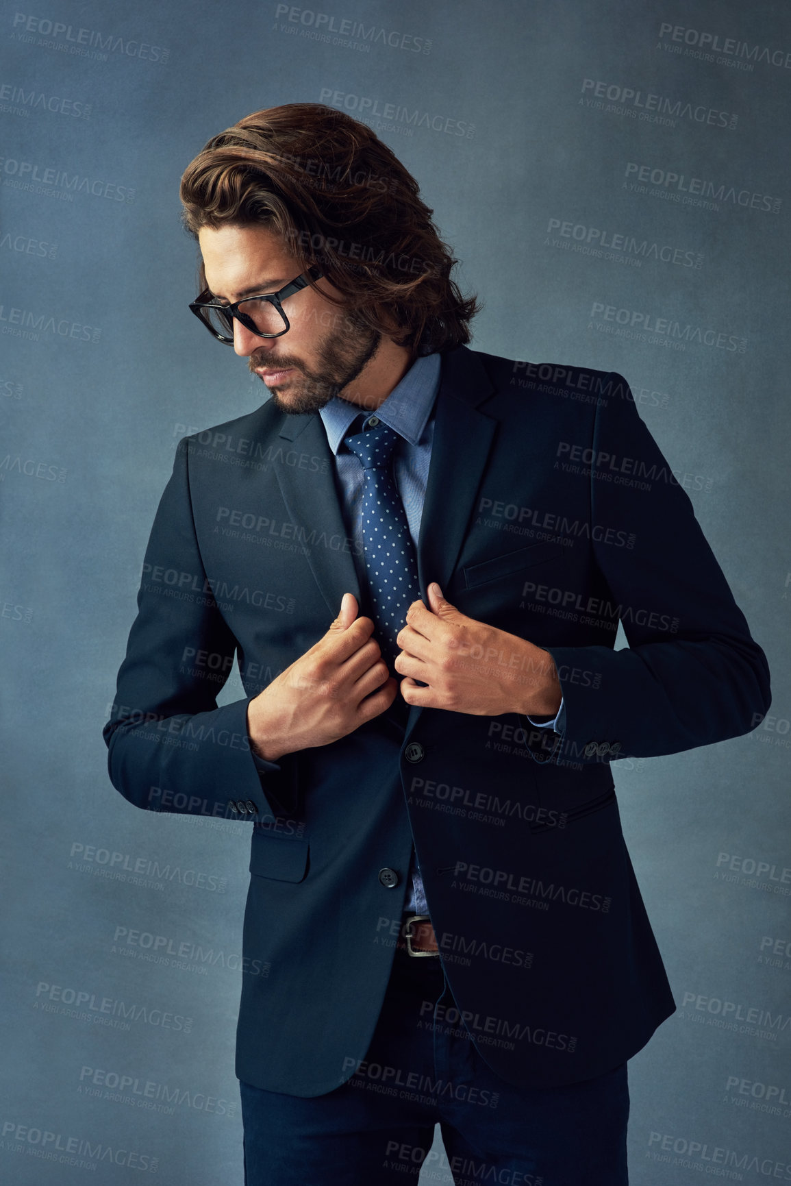 Buy stock photo Fashion, formal or jacket with business man in studio on gray wall background for professional career. Corporate, style and suit with confident employee in work outfit for class, elegance or power