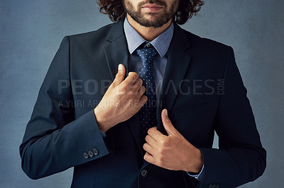 Buy stock photo Hands, suit and prepare with tie for business man in studio with attire at corporate law firm by background. Person, attorney or lawyer in clothes, fashion or formal with silk for job in legal system