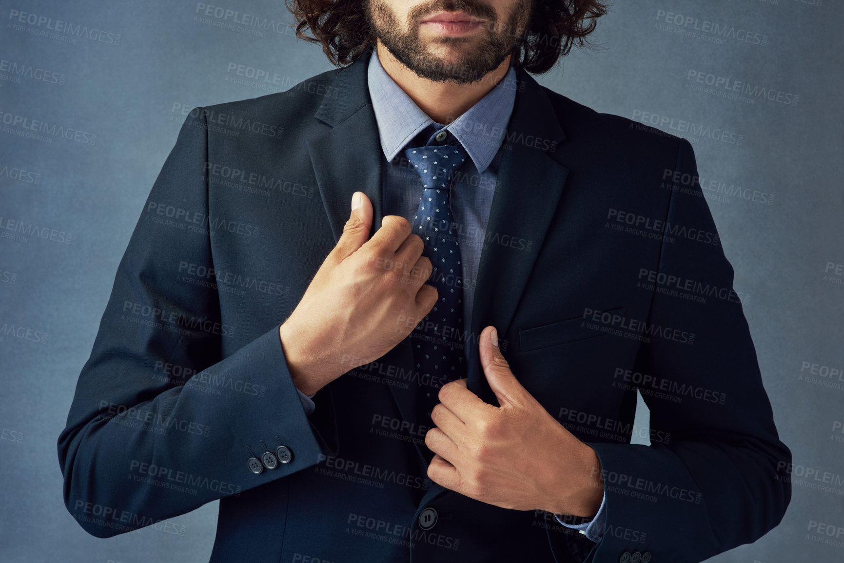 Buy stock photo Hands, suit and prepare with tie for business man in studio with attire at corporate law firm by background. Person, attorney or lawyer in clothes, fashion or formal with silk for job in legal system