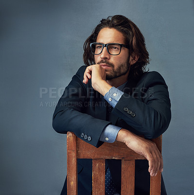 Buy stock photo Chair, fashion and thinking with business man in studio on gray wall background for professional career. Corporate, future and idea with confident employee in suit for elegance, planning or power