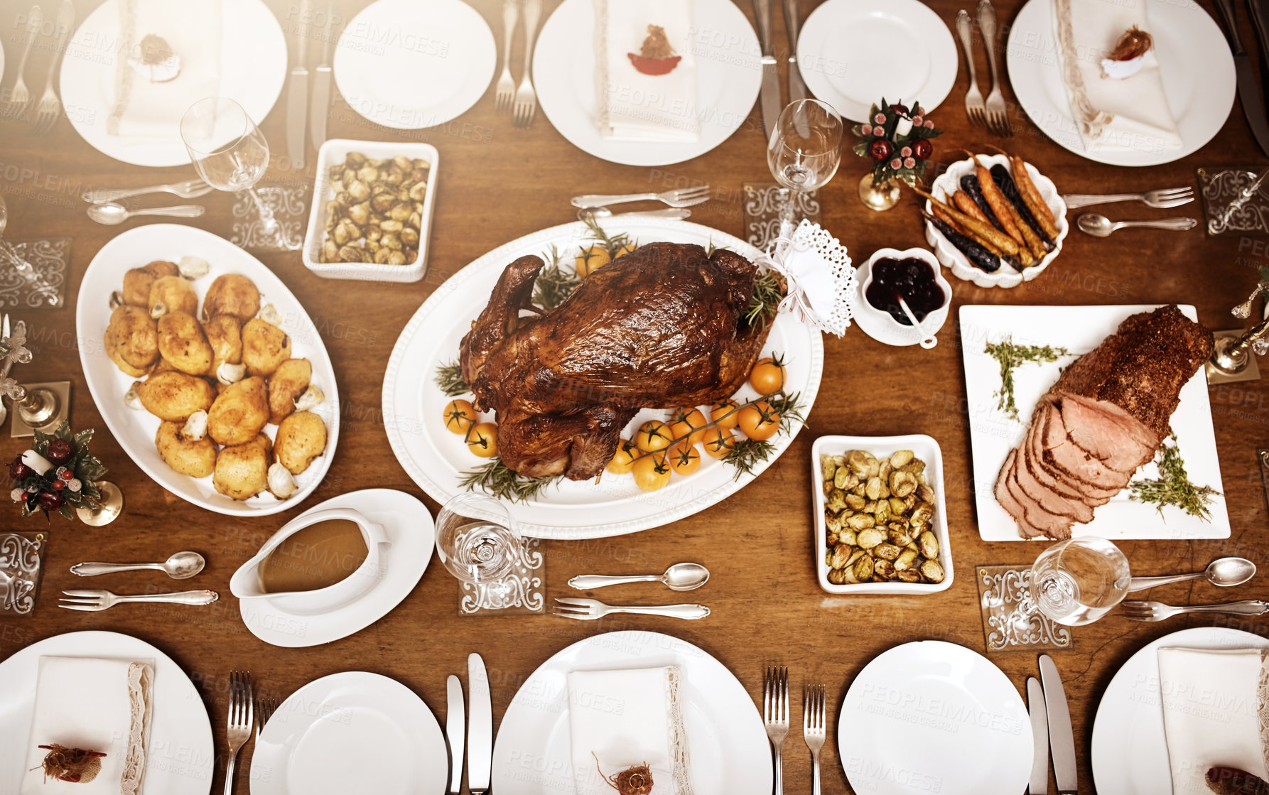 Buy stock photo High angle shot of a feast on a table at Christmas