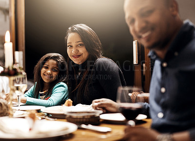 Buy stock photo Portrait of a happy family having Christmas lunch together at home