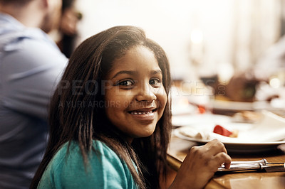 Buy stock photo Portrait of an adorable little girl enjoying Christmas with her family at home