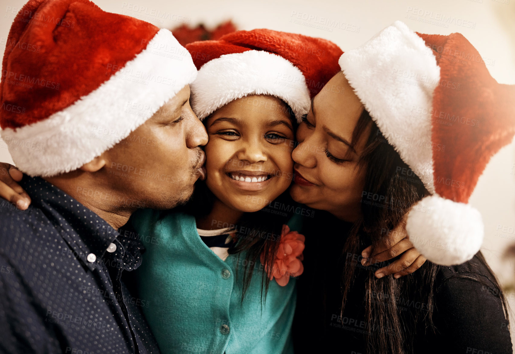 Buy stock photo Family, Christmas portrait and home kiss for festive holiday, kid learning tradition and love. Parents, daughter and xmas party hats for December event, support and embrace for celebration in lounge