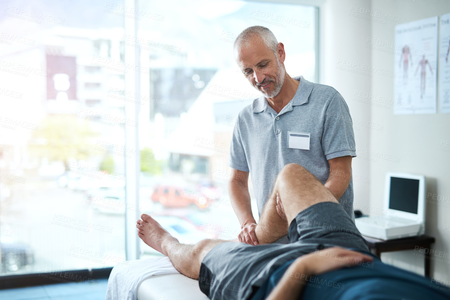 Buy stock photo Physiotherapy, rehabilitation and knee pain with a man consultant working with a patient in recovery from injury. Medical, healthcare and anatomy with a male therapist consulting or helping a client