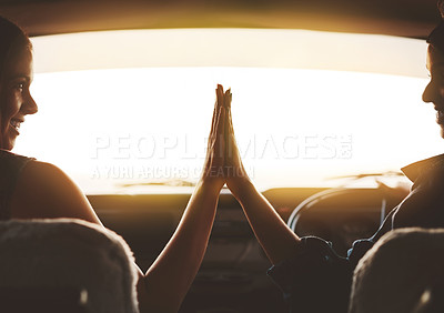 Buy stock photo Car, travel and women friends with high five for road trip decision, adventure or journey while bonding. Transport, hands or excited friends in vehicle for holiday, support or fun location agreement