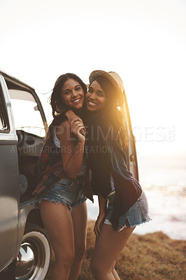 Buy stock photo Road trip, hug and portrait of women at beach for holiday, summer vacation and bonding on weekend. Travel, nature and happy people by ocean for adventure, journey and relax together by sea with van