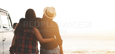 Buy stock photo Road trip, friends and back of women at beach for holiday, summer vacation and bonding on weekend. Travel, nature and happy people by ocean for adventure, journey and relax together by sea with van