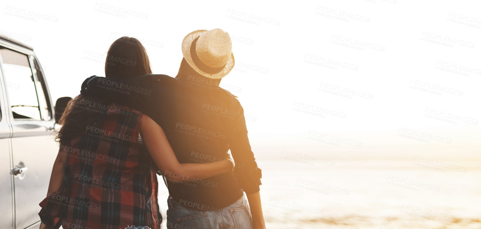 Buy stock photo Road trip, friends and back of women at beach for holiday, summer vacation and bonding on weekend. Travel, nature and happy people by ocean for adventure, journey and relax together by sea with van