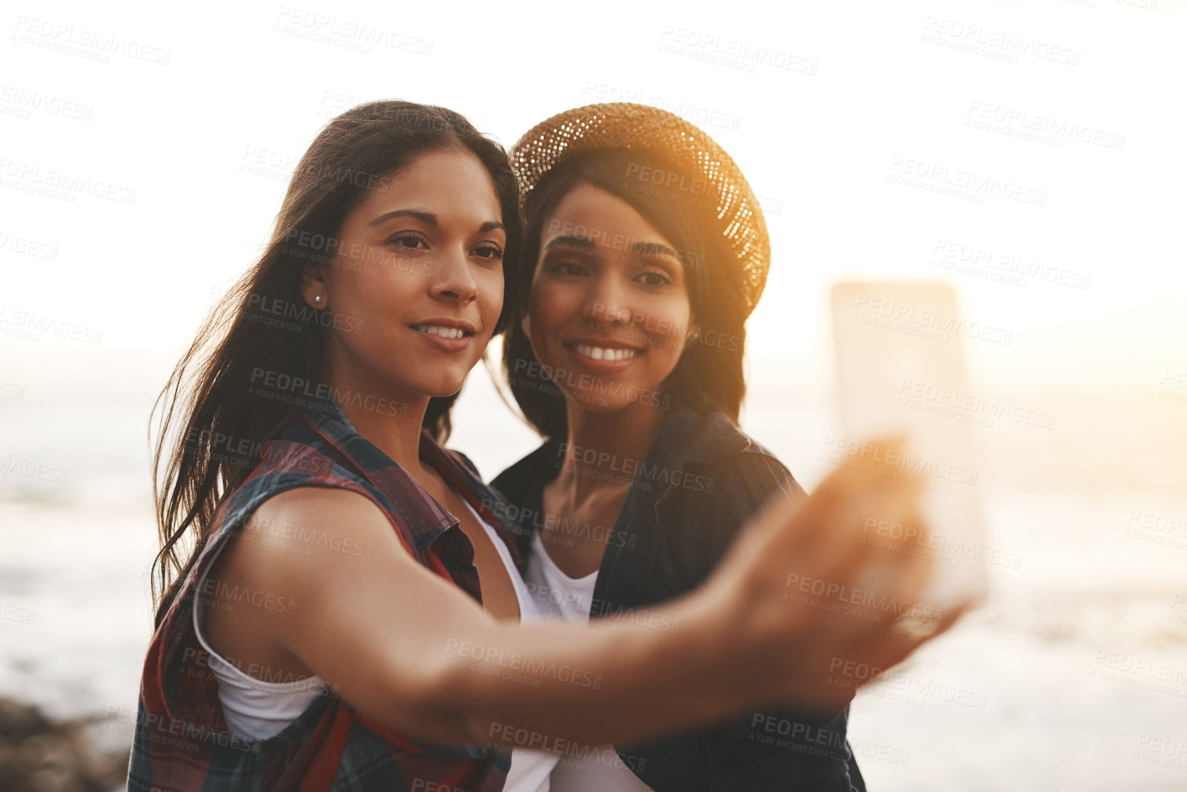 Buy stock photo Selfie, friends and women at beach for holiday, summer vacation and bonding on weekend. Happy, fashion and people with cellphone for photo on social media, online post and profile picture in nature