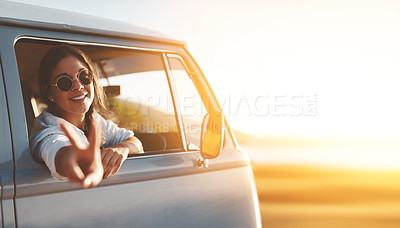 Buy stock photo Woman, sign and peace in van for road trip, sunset and adventure in summer with sunglasses or flare. Female person, smile and car for travel, dusk and journey outdoor with happiness, freedom or drive