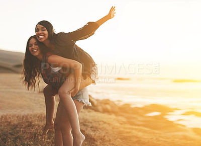 Buy stock photo Piggyback, ocean and portrait of women for holiday, summer vacation and bonding on weekend. Travel, nature and happy people by beach for adventure, fun and relax together by sea for friendship