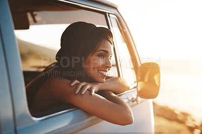 Buy stock photo Road trip, woman and thinking at car window with smile, van and travel for holiday and vacation. Transport, parking and adventure with idea and freedom on summer break with driving and journey by sea