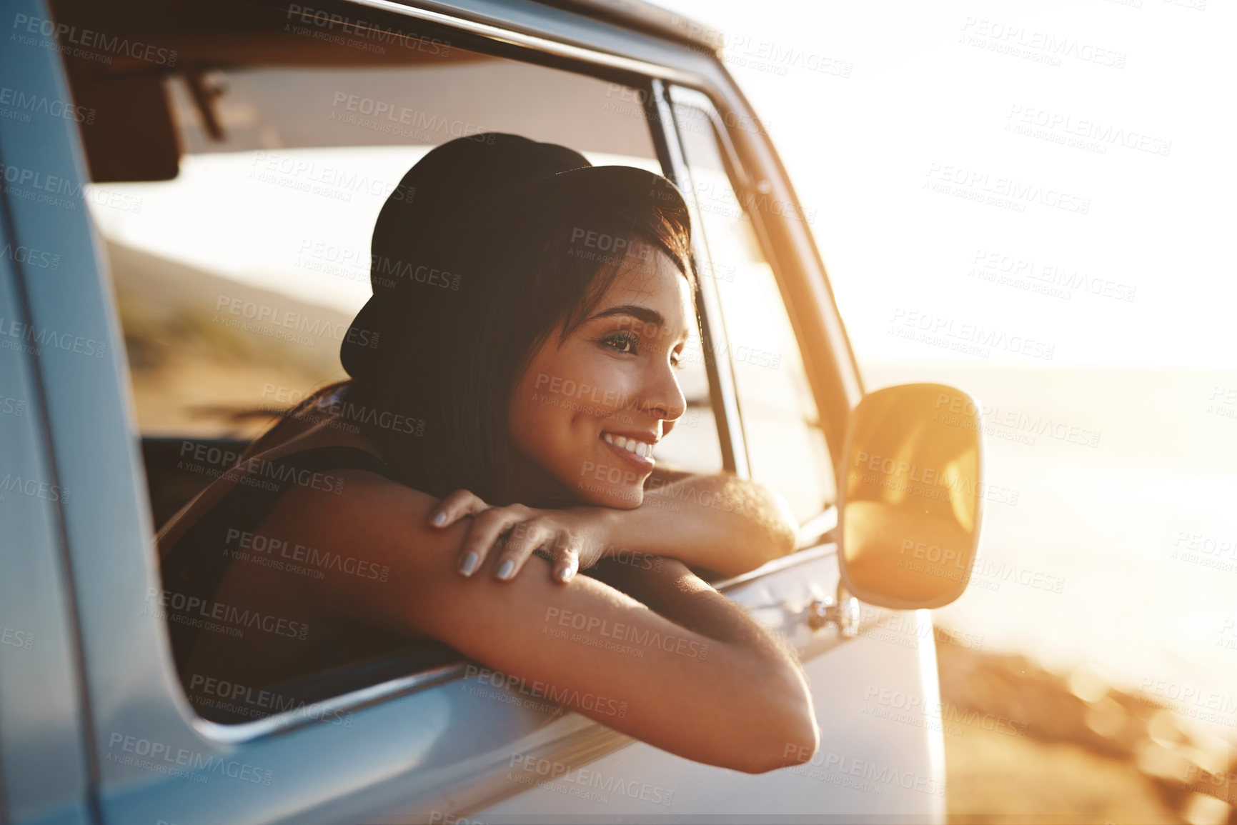 Buy stock photo Road trip, woman and thinking at car window with smile, van and travel for holiday and vacation. Transport, parking and adventure with idea and freedom on summer break with driving and journey by sea