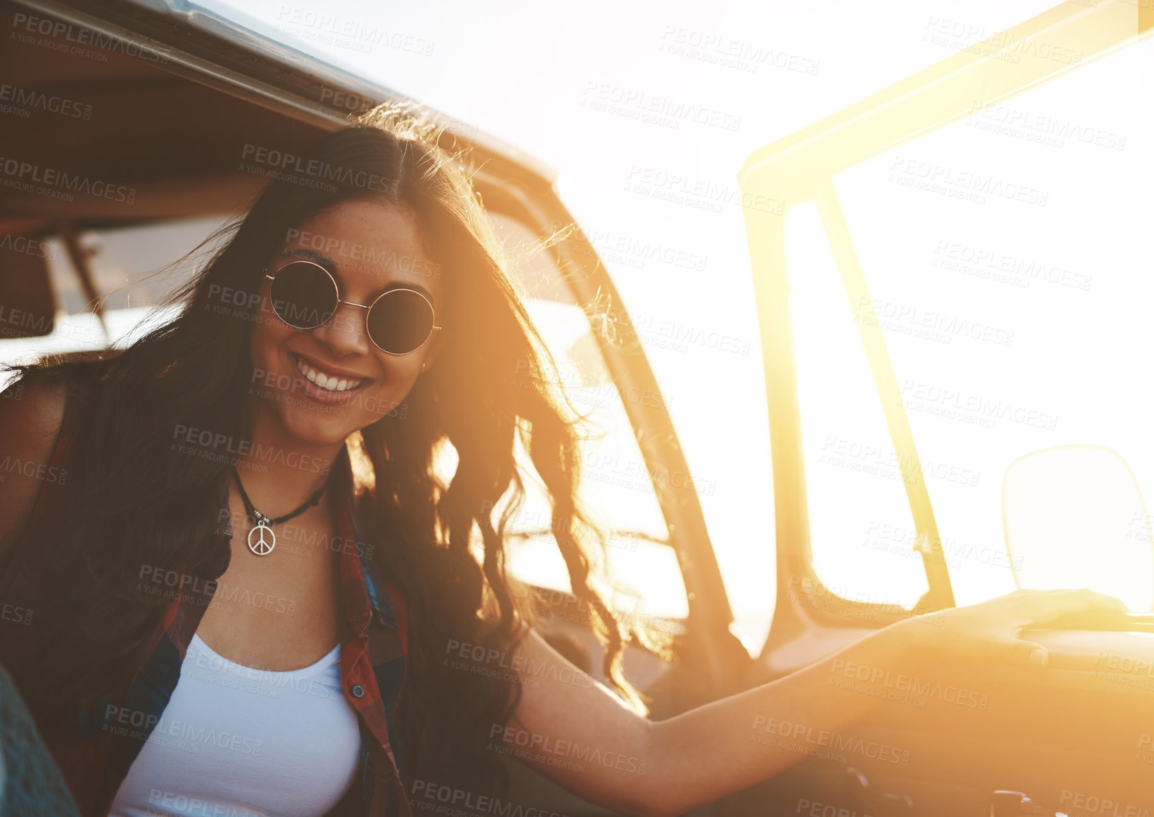 Buy stock photo Road trip, portrait and woman with sunglasses by car door for outdoor summer holiday, sunset and break. Vacation drive, travel and person with smile for adventure, tourism and sightseeing in Greece