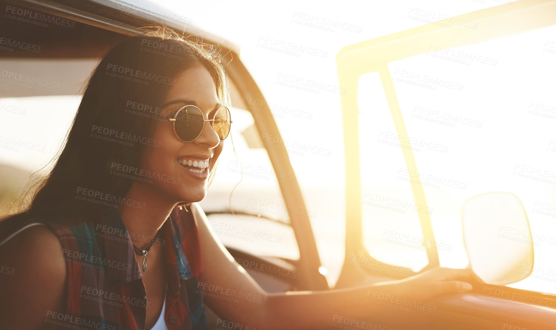 Buy stock photo Travel, smile and woman with sunglasses by car door for outdoor summer vacation, sunset and break. Happy, holiday and person with drive on road trip for tourism, adventure and sightseeing in Greece