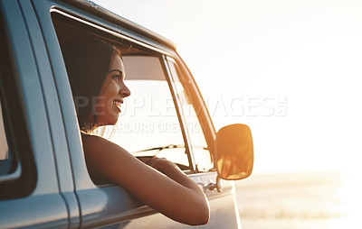 Buy stock photo Road trip, woman and thinking in care with transportation, van and travel for holiday and vacation. Transport, parking and adventure with idea and calm in summer with driving and journey with driver 