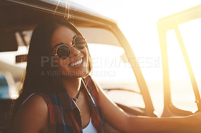 Buy stock photo Car, door and portrait of woman on road trip for outdoor summer adventure, sunset and travel. Happy, holiday and person with sunglasses by vehicle for vacation, sightseeing and tourism in Australia